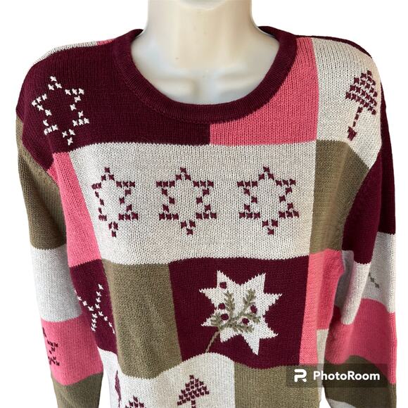 Vintage Christopher & Banks Patchwork Crew Neck Knit Sweater Pink Tan Womens L - Picture 2 of 8